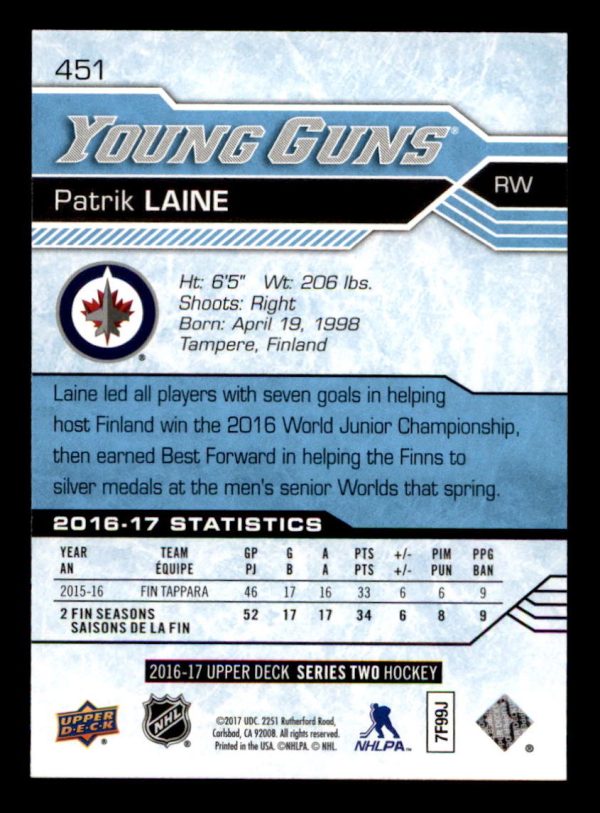 Patrik Laine Jets 2016-17 UD Young Guns Card #451