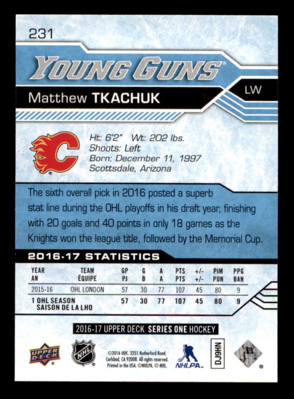 Matthew Tkachuk Flames 2016-17 UD Young Guns Card#231