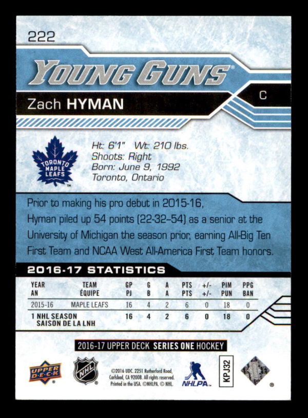 Zach Hyman Maple Leafs 2016-17 UD Young Guns Card#222