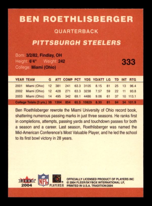 Ben Roethlisberger Steelers 2004 Fleer Card#333