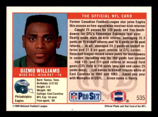 Gizmo Williams Eagles 1989 NFL Pro Set Prospect Card #535