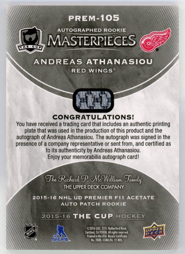 Andreas Athanasiou 2015-16 UD The Cup Rookie Masterpieces Cyan Printing Plate Auto 1/1