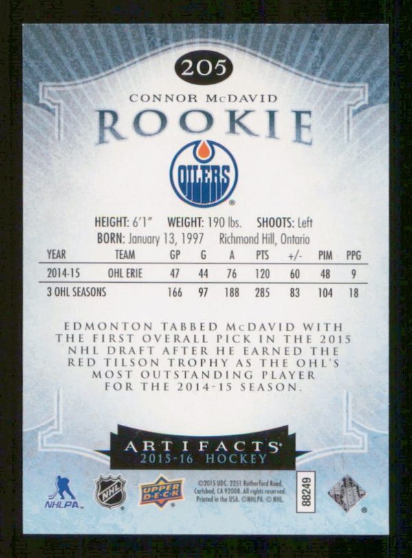 Connor McDavid Edmonton Oilers UD 2015-16 Rookie Card #205 66/99
