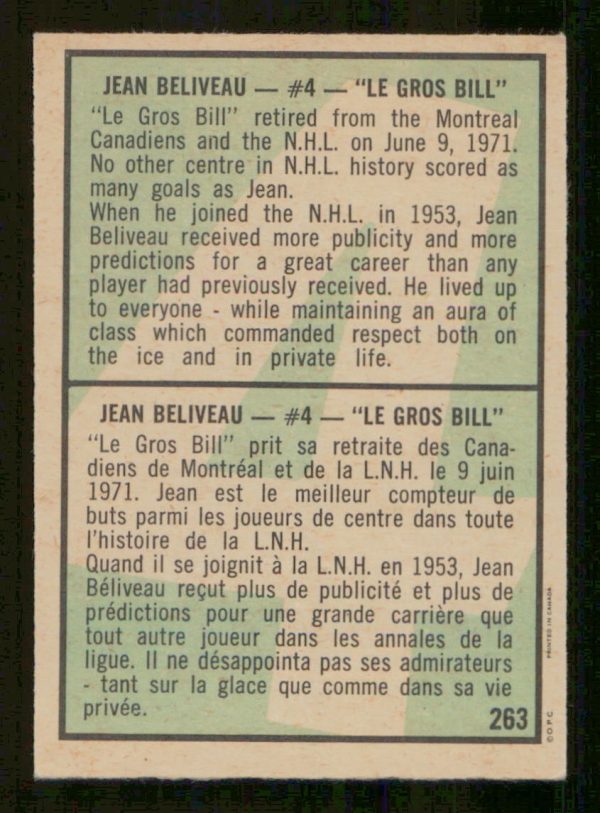 Jean Beliveau Montreal Canadiens OPC Special Collectors Card #263