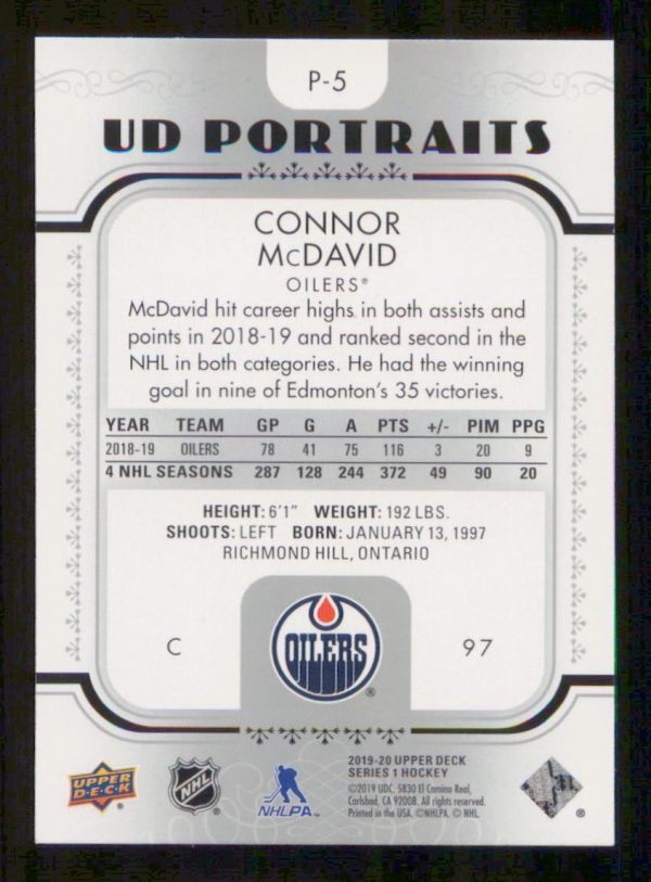 Connor McDavid Edmonton Oilers UD Portraits 2019-20 Card #P-5