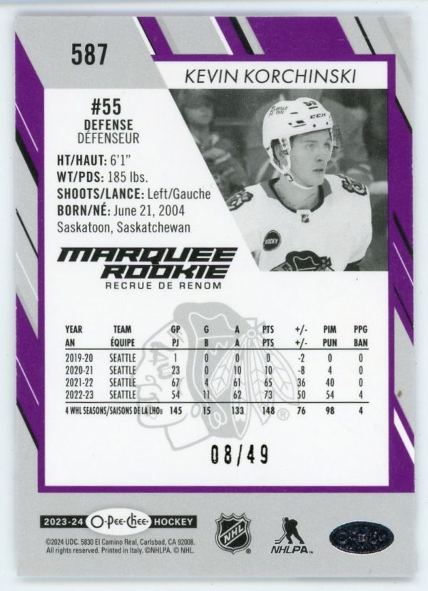 Kevin Korchinski 2023-24 OPC Marquee Rookie Purple 08/49 #587