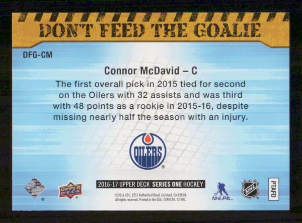 Connor McDavid Edmonton Oilers UD Don't Feed The Goalie 2016-17 Card #DFG-CM