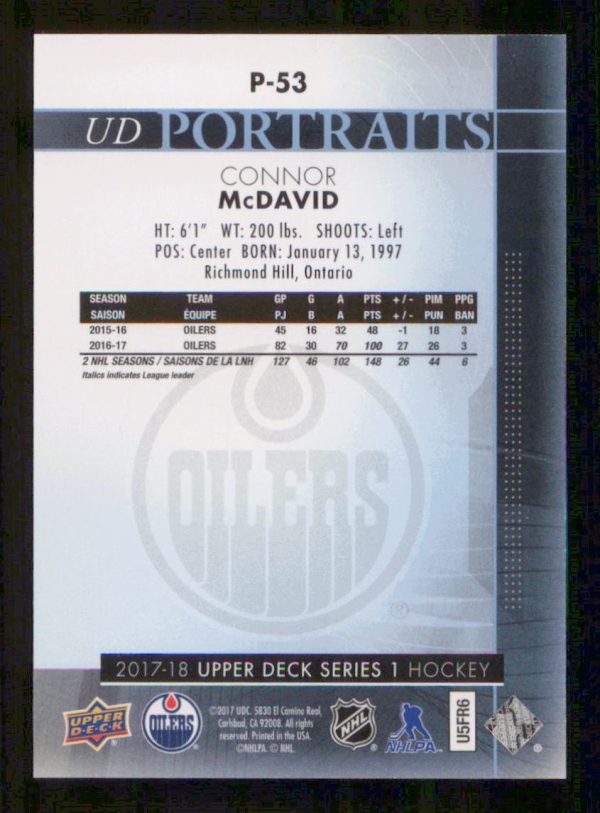 Connor McDavid Edmonton Oilers UD Portraits 2017-18 Card #P-53