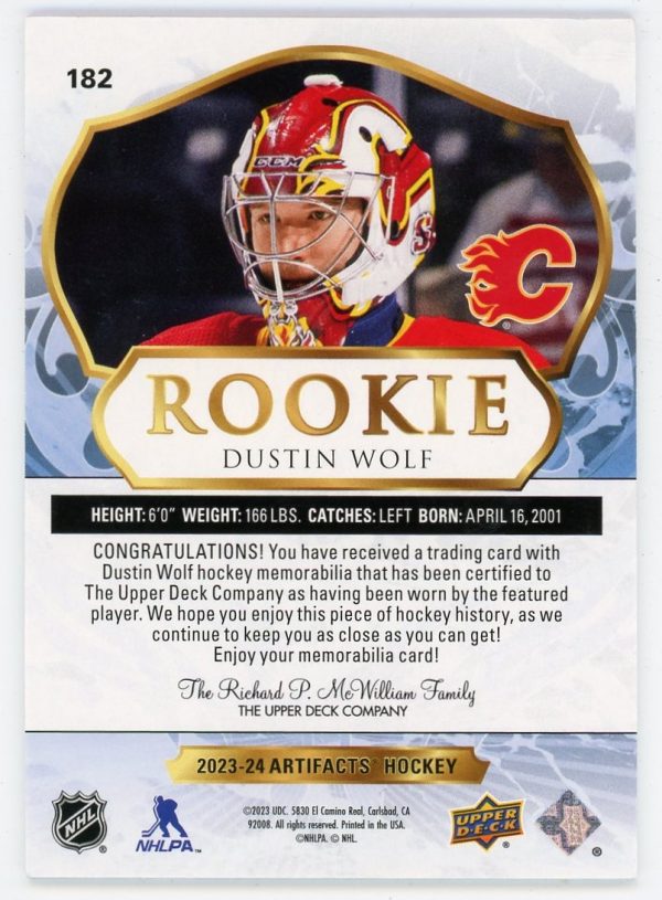 Dustin Wolf 2023-24 UD Artifacts Dual Jersey 165/599 RC #182