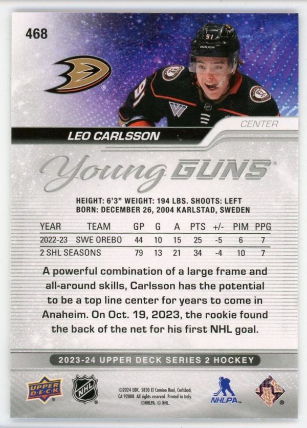 Leo Carlsson 2023-24 Upper Deck Series 2 Young Guns RC #468