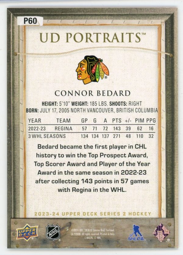 Connor Bedard 2023-24 Upper Deck UD Portraits Rookie Card #P60