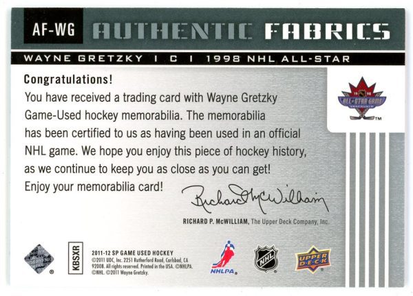 Wayne Gretzky 2011-12 UD SPGU Authentic Fabrics 043/100 #AF-WG