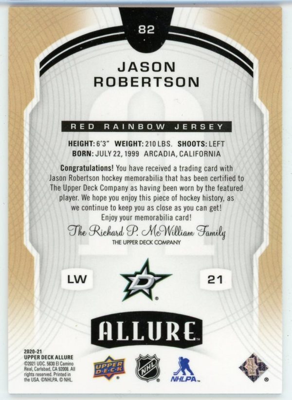 Jason Robertson 2020-21 UD Allure Red Rainbow Rookie Jersey #82