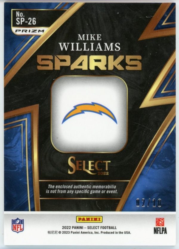Mike Williams 2022 Panini Select Football Sparks Jersey Card Gold /10 #SP-26