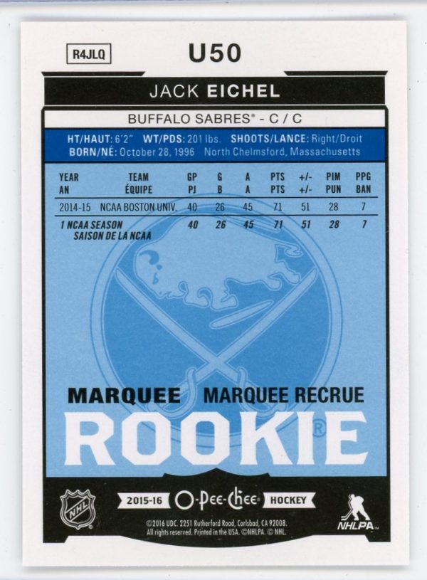 Jack Eichel 2015-16 OPC Update Marquee Rookie Rainbow Foil #U50