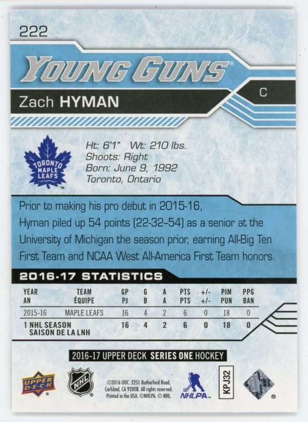 Zach Hyman 2016-17 Upper Deck Young Guns Rookie Card #222