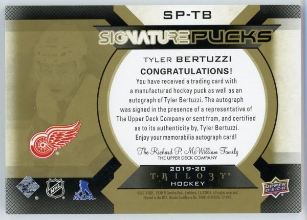 Tyler Bertuzzi 2019-20 Upper Deck Trilogy Signature Pucks Gold Auto 03/20 Card #SP-TB