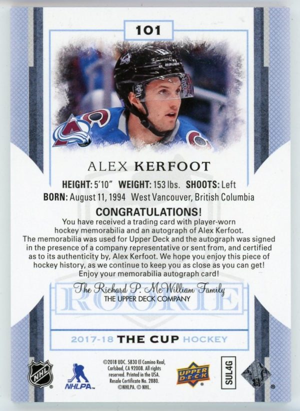 Alex Kerfoot 2017-18 Upper Deck The Cup RPA 060/249 #101