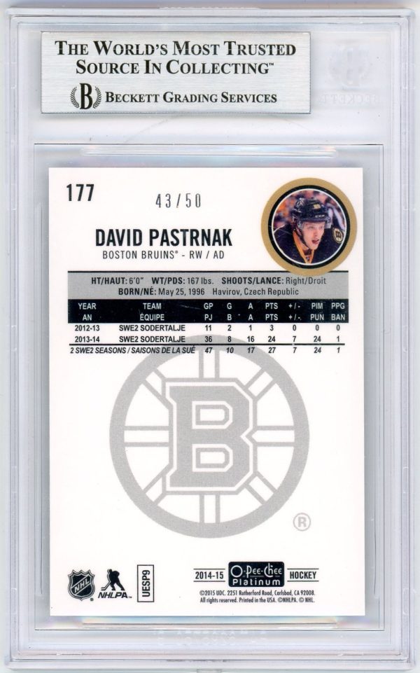 David Pastrnak 2014-15 OPC Platinum Seismic Gold 43/50 RC #177 BGS 9