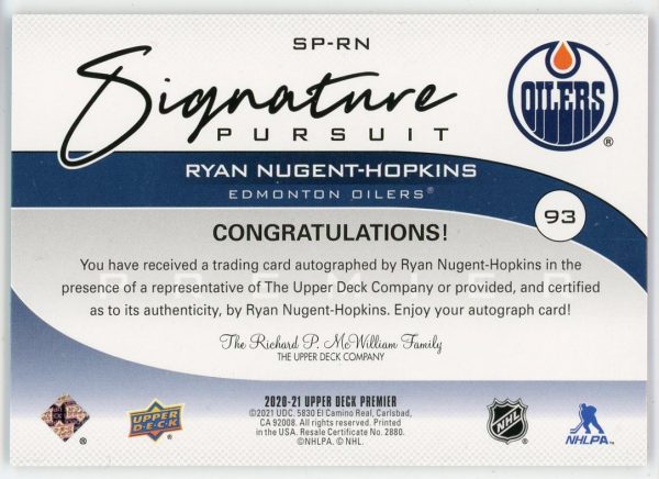 Ryan Nugent-Hopkins 2020-21 UD Premier Signature Pursuit Auto 32/35 Card #SP-RN