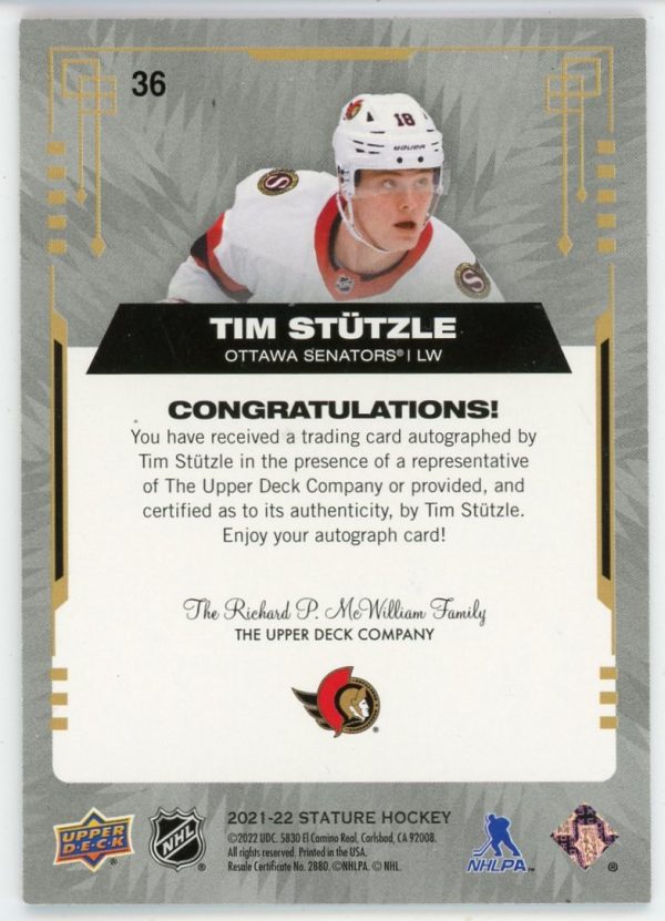 Tim Stutzle 2021-22 Upper Deck Stature Auto Card #36