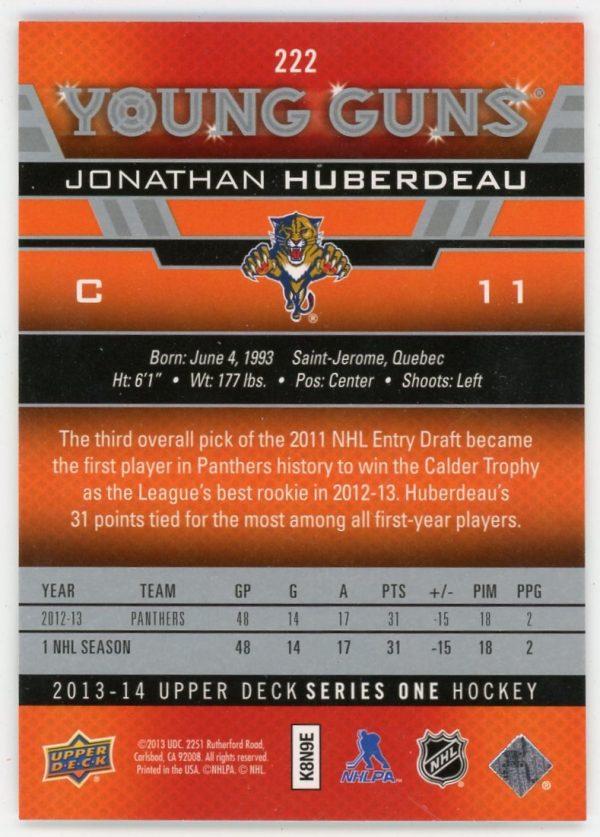 Jonathan Huberdeau 2013-14 Upper Deck Young Guns Rookie Card #222