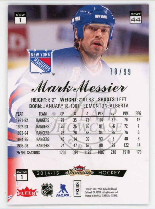 Mark Messier 2014-15 Fleer Showcase Flair Row 1 Blue Ice 78/99 Card #44