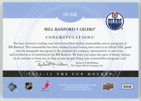 Bill Ranford 2011-12 UD The Cup Signature Patches Auto 02/75 #SP-BR