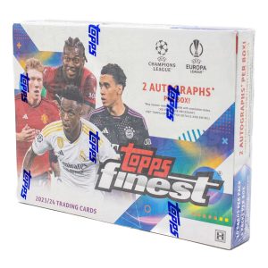 2023-24 Topps Finest UEFA Club Competitions Soccer Hobby Box Topps Finest returns with 2023/24 Topps Finest UEFA Champions League and UEFA Europa League! Find two autographs per box! New inserts like Top of the World and very limited Finest Idols join hobby favorites such as Prized Footballers and The Man. Can you find the 1/1 of Messi & Cristiano Ronaldo in the brand-new Finest Rivals Dual Autograph subset? Discover the new Finest collection with the most powerful checklist ever! The 150-card base set includes the biggest stars of UEFA Champions League and UEFA Europa League and the most exciting rookies on a rainbow of parallels. Collect all 150 Base Set cards across a variety of colorful chrome parallels. Look for new Ferris Wheel Parallels, honoring London as the 2024 UCL Finals host city!
