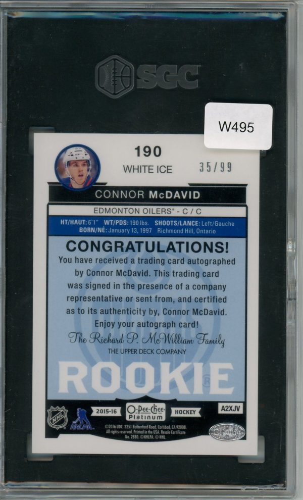 Connor McDavid Oilers OPC 2015-16 Rookie White Ice Card #190 35/99