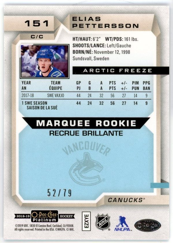 Elias Pettersson 2018-19 O-Pee-Chee Platinum Arctic Freeze Marquee Rookie /79 #151