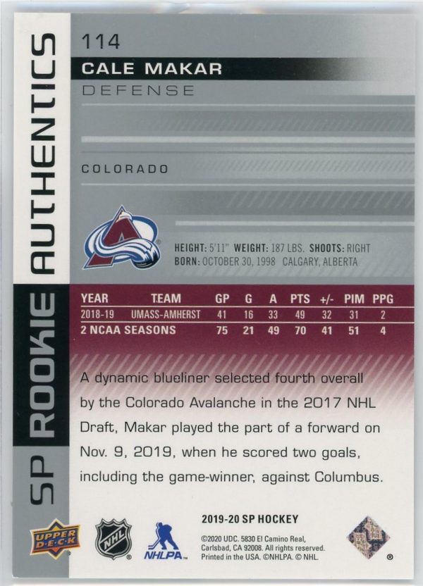 Cale Makar 2019-20 UD SP Authentic Rookie Card /1199 Card #114
