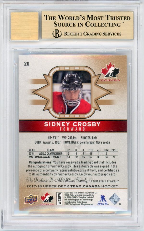 Sidney Crosby 2017-18 UD Team Canada Gold Foil Signatures #20 BGS 9.5