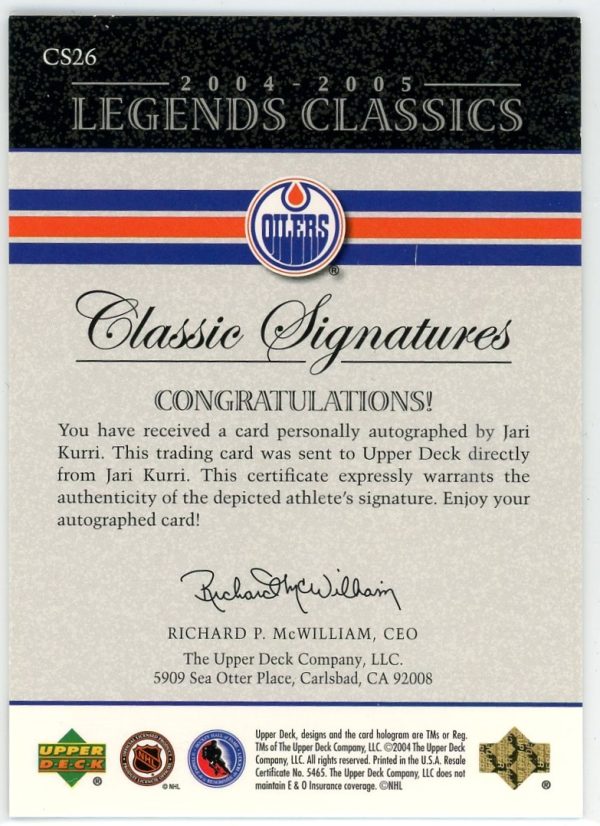2004-05 Jari Kurri Oilers UD Legends Classics Auto Card #CS262004-05 Jari Kurri Oilers UD Legends Classics Auto Card #CS26