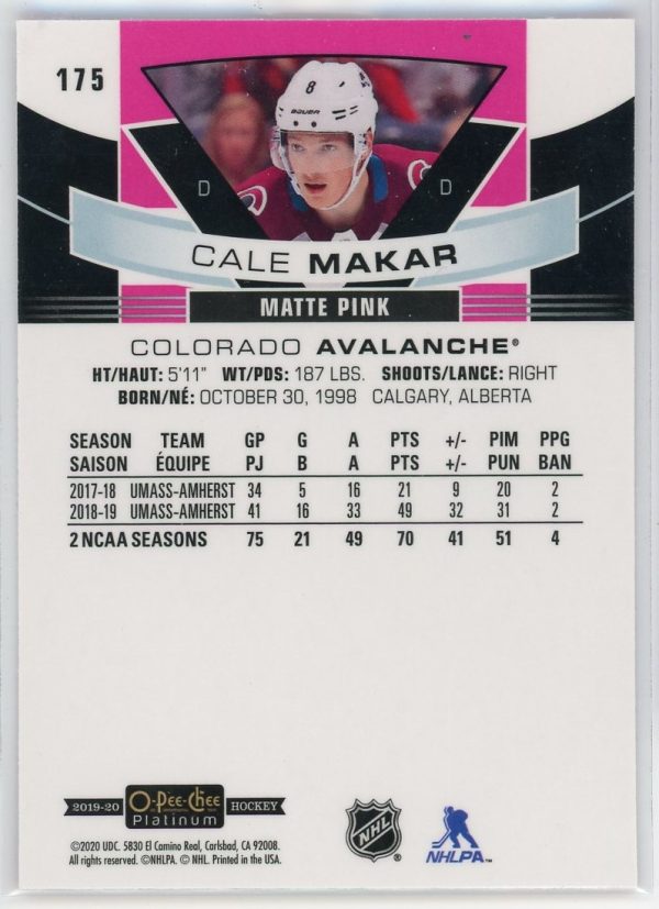 Cale Makar 2019-20 OPC Platinum Marquee Pink RC #175