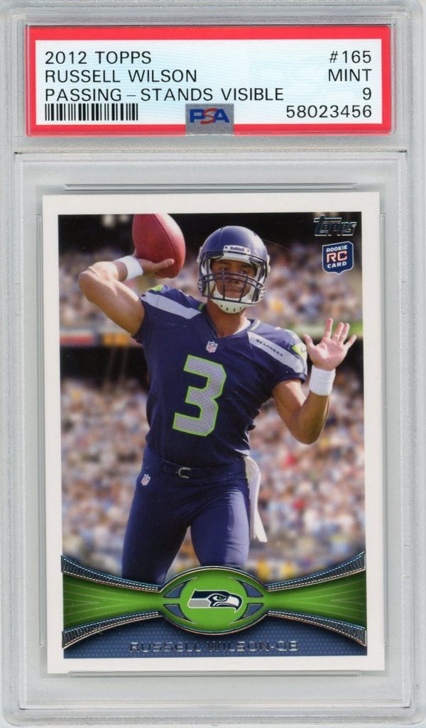 Russell Wilson 2012 Topps Rookie Card (Passing-Stands Visible) Rookie Card #165 PSA 9
