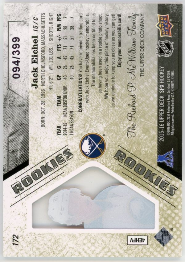 Jack Eichel 2015-16 UD SPX Rookies Dual Jersey Card /399 #172
