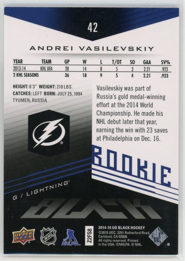 Andrei Vasilevskiy Lightning 2014-15 UD Black Rookie /199 Card #42