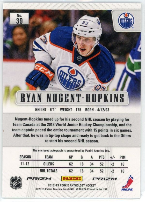 Ryan Nugent-Hopkins Oilers 2012-13 Prizm Silver Auto Card #39