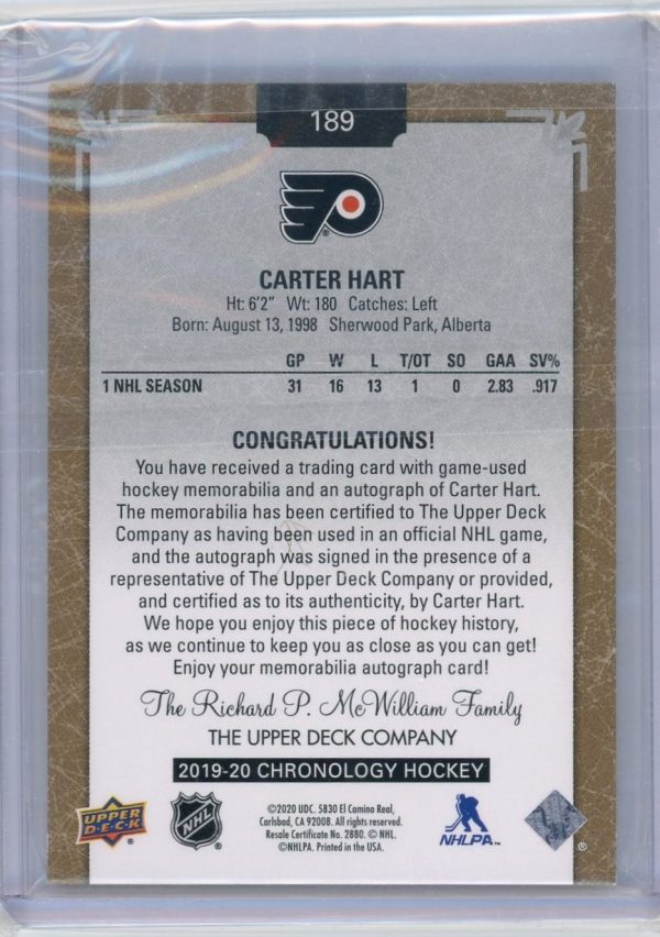 Carter Hart Flyers UD 2019-20 Autographed Jersey Chronology Hockey Card#189 C