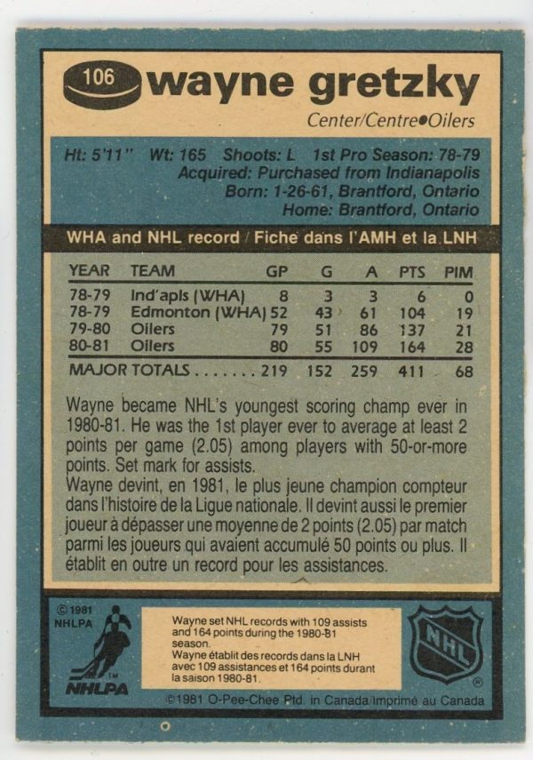 Wayne Gretzky 1981-82 O-Pee-Chee Hockey Card #106