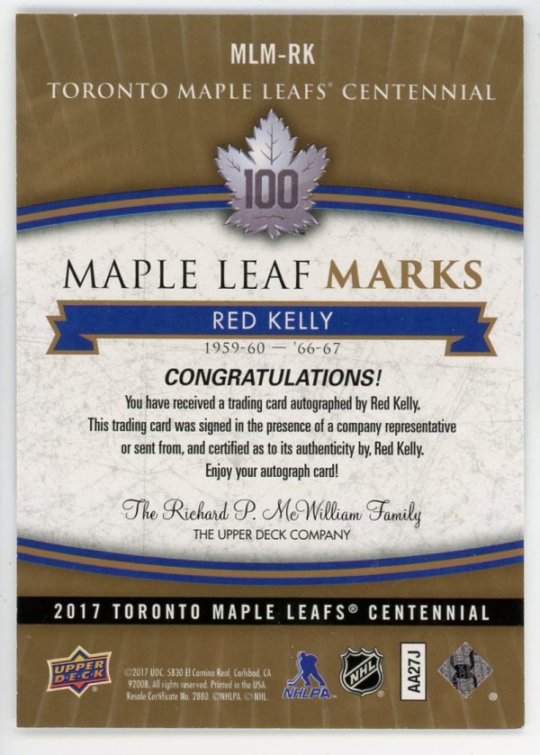 Red Kelly 2017-18 Maple Leafs Centennial Maple Leafs Marks Group A Auto MLM-RK
