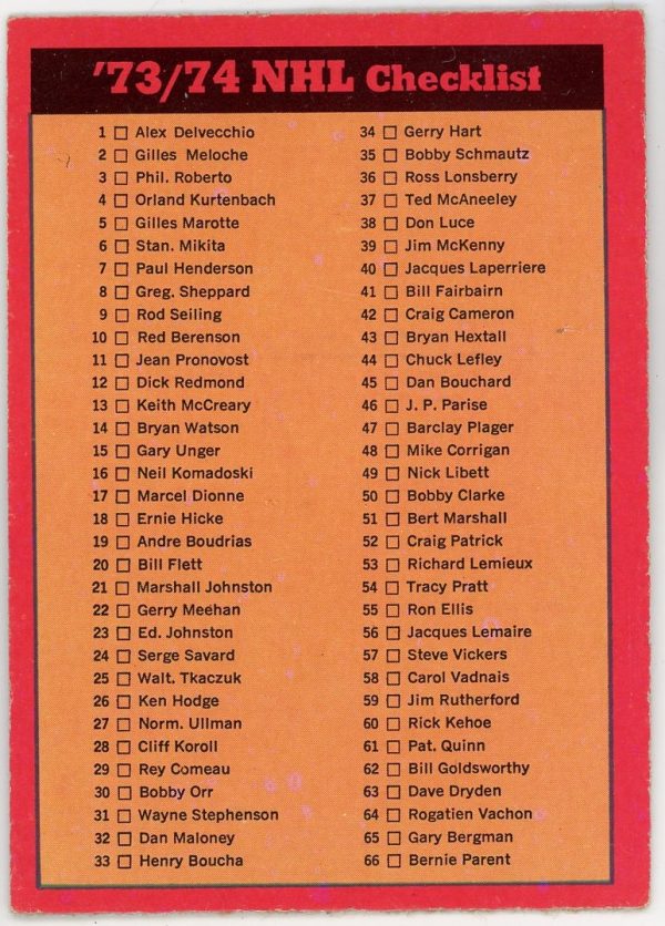 1973-74 O-Pee-Chee Checklist Unmarked #116