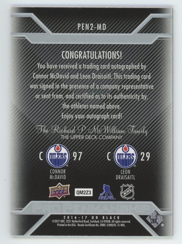 Connor McDavid and Leon Draisaitl Oilers UD 2016-17 Autographed Pro Penmanship Card#PEN2-MD 05/10