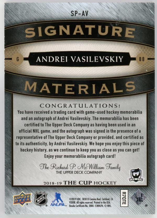 Andrei Vasilevskiy 2018-19 UD The Cup Signature Materials /99 #SP-AV