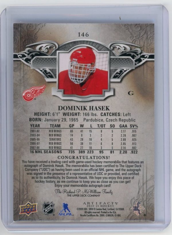 Dominik Hasek Red Wings UD 2020-21 Autographed Artifacts Card#146 16/25