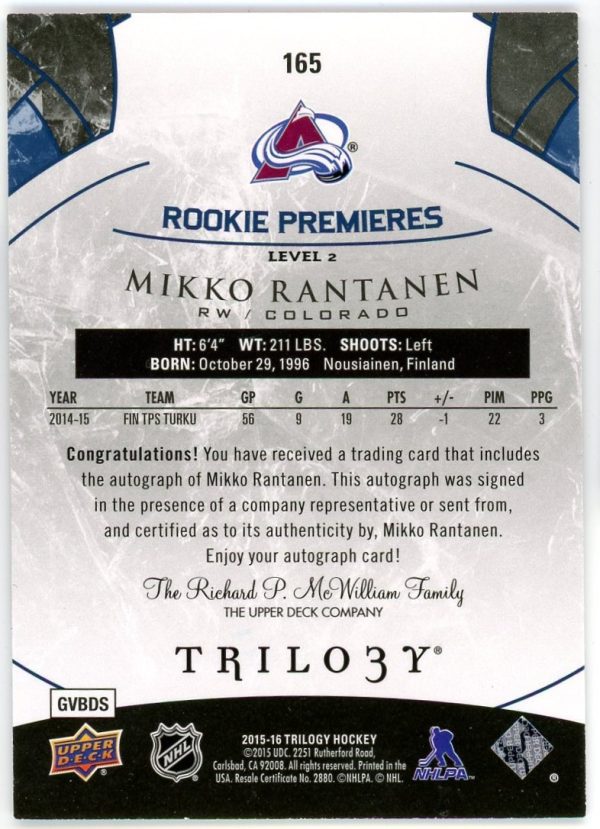 Mikko Rantanen 2015-16 Upper Deck Trilogy Rookie Premiers Level 2 Autograph /199 #165