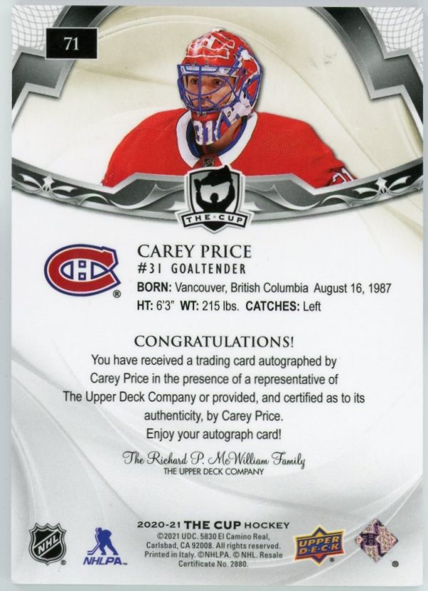 Carey Price 2020-21 UD The Cup Gold Base Auto /12 #71