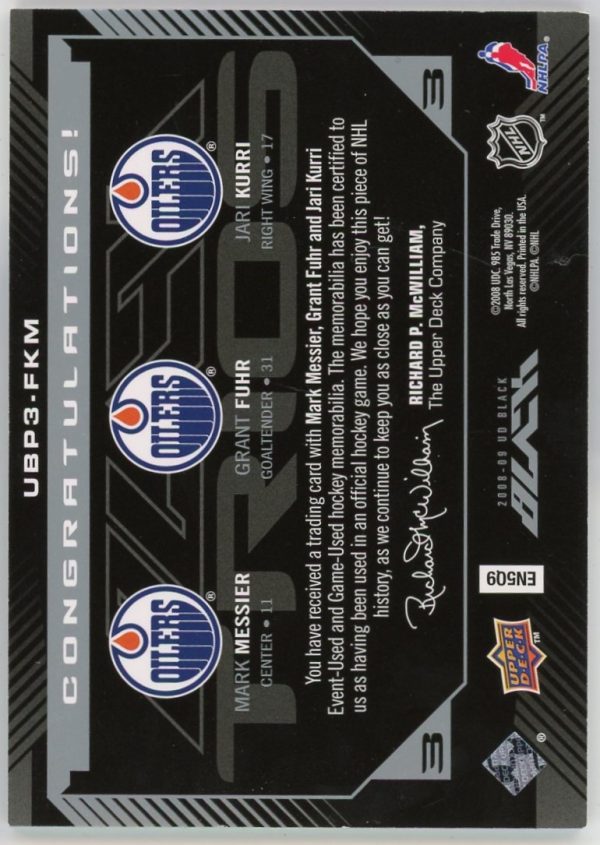 Messier, Fuhr, Kurri 2008-09 UD Black Oilers Triple Relic Card /50 #UBP3-FKM