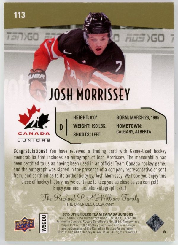 Josh Morrissey 2015 UD Team Canada Patch/Auto /199 #113